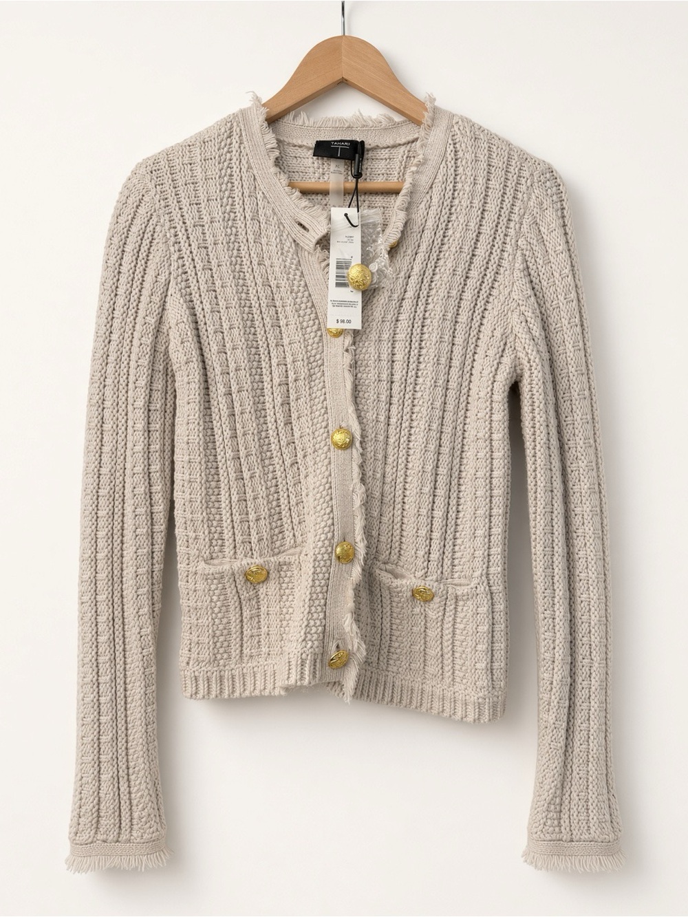 Tahari Nude Cable Knit Ribbed Cardigan with Gold Buttons fringe detail elegant
